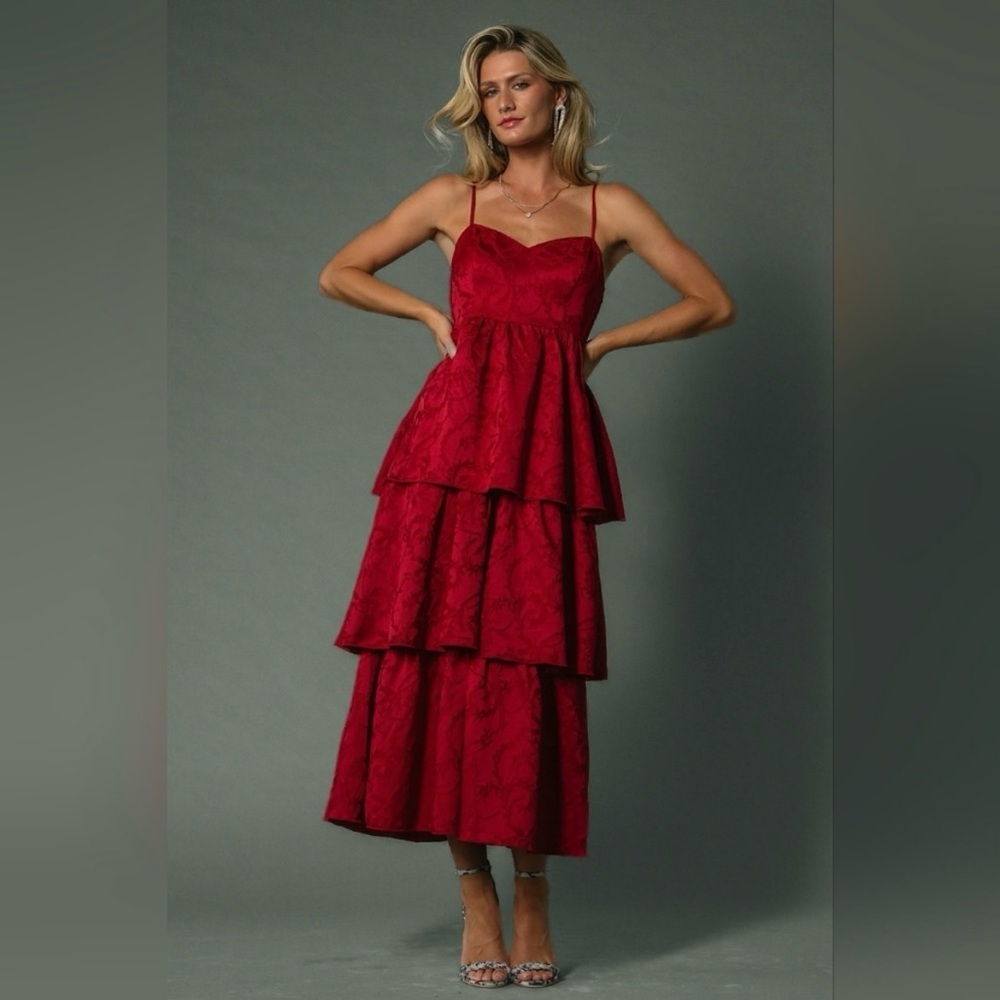 NWT Baltic Born Violetta Embossed Tiered Dress in deep Red​